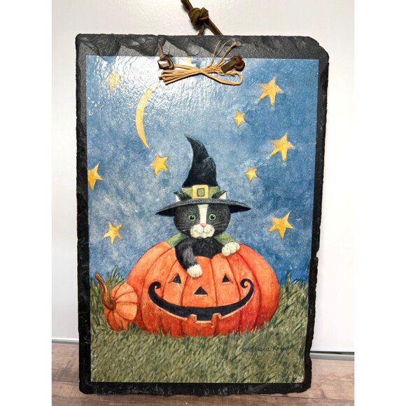 Halloween Cat In Pumpkin Slate Wall Hanging By Terrisa Kozik - Picture 1 of 3